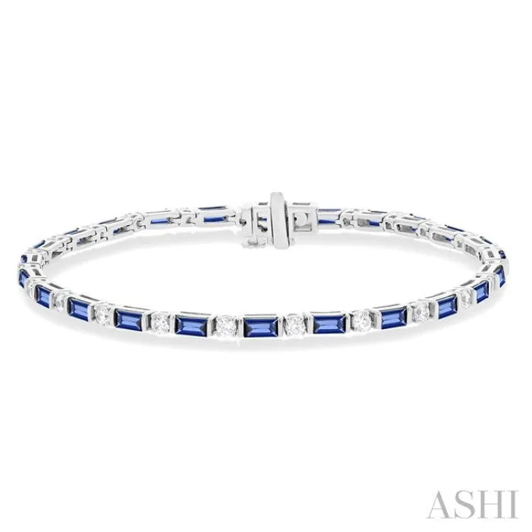 1 1/10 ctw Art Deco 4X2 MM Baguette Cut Sapphire and Round Cut Diamond Precious Tennis Bracelet in 14K White Gold