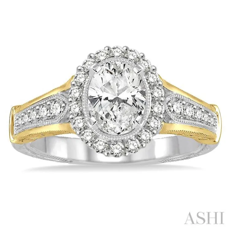 1 1/6 Ctw Diamond Engagement Ring with 3/4 Ct Oval Cut Center Stone in 14K White and Yellow Gold