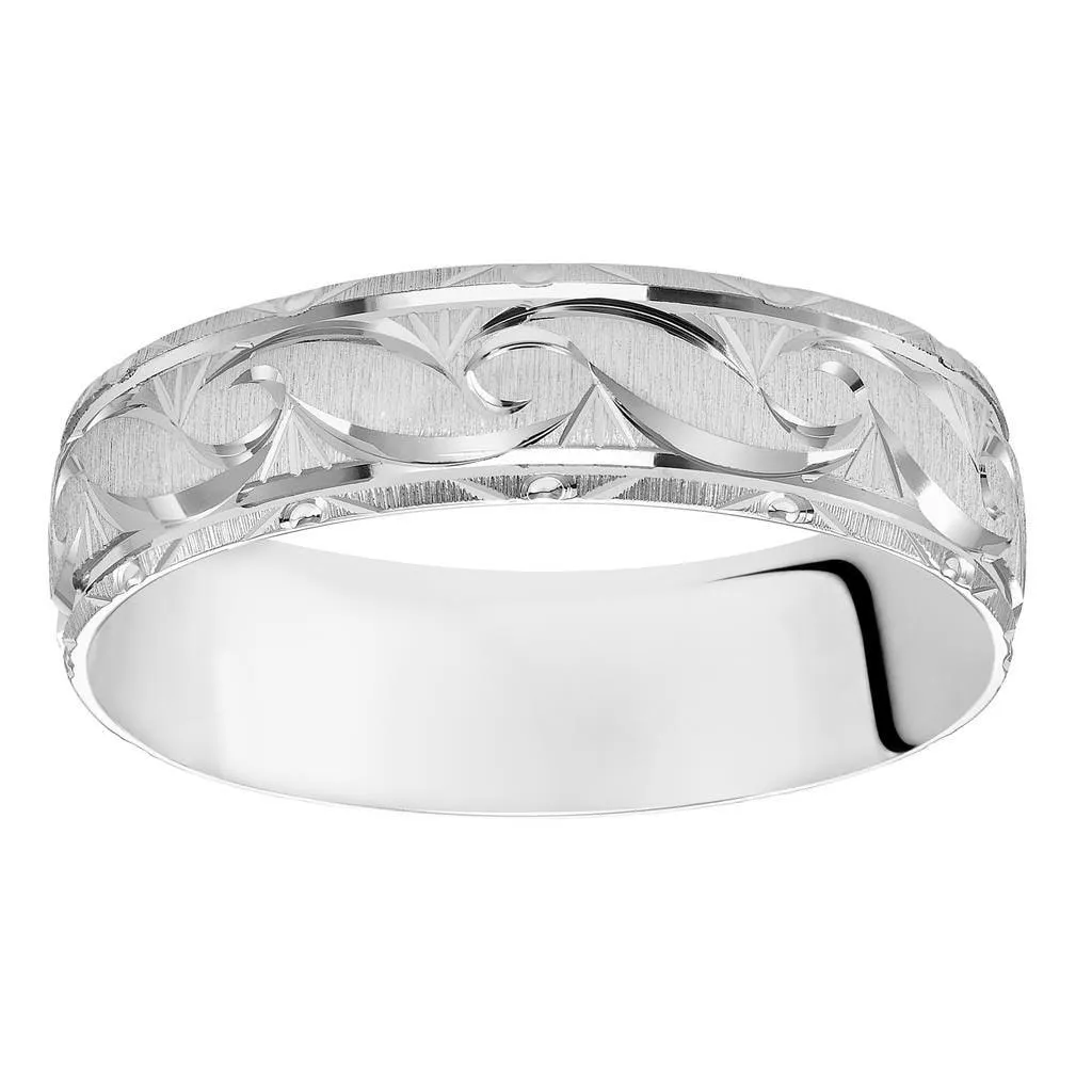 14k White Gold Satin Finished Ring with Polished Grooved Pattern & Beveled Edges - 6mm