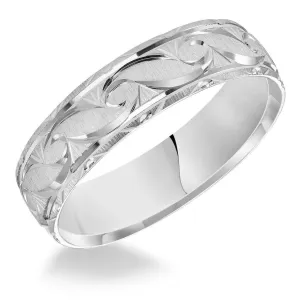 14k White Gold Satin Finished Ring with Polished Grooved Pattern & Beveled Edges - 6mm