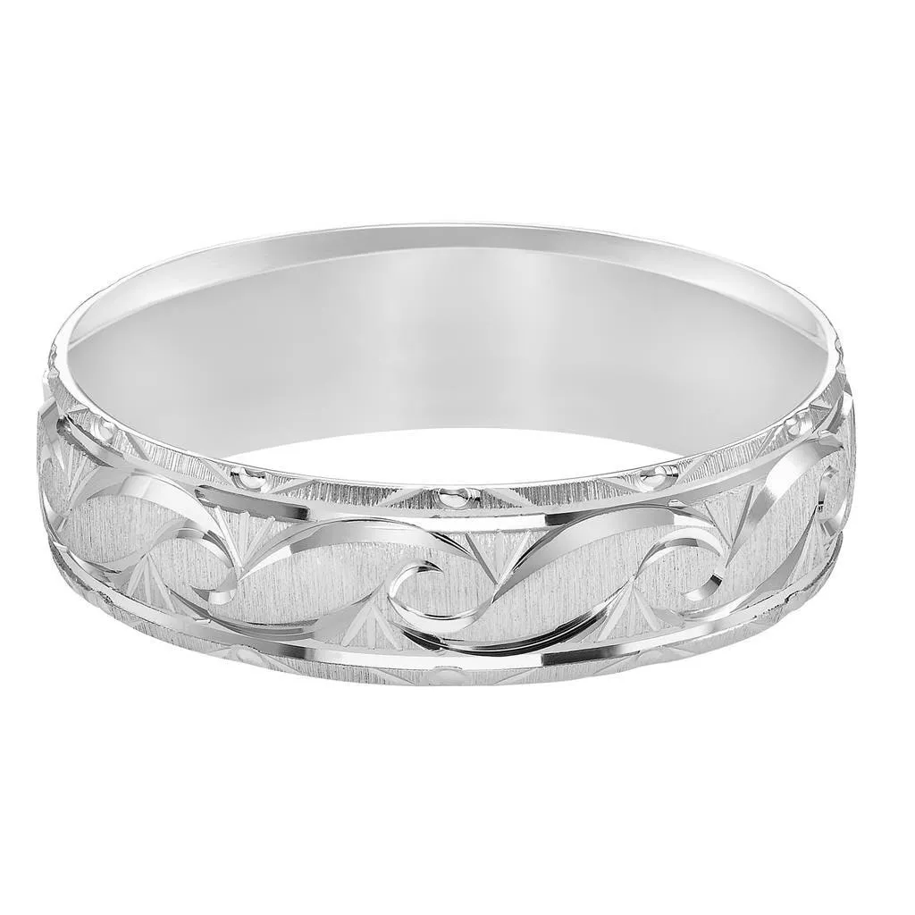 14k White Gold Satin Finished Ring with Polished Grooved Pattern & Beveled Edges - 6mm