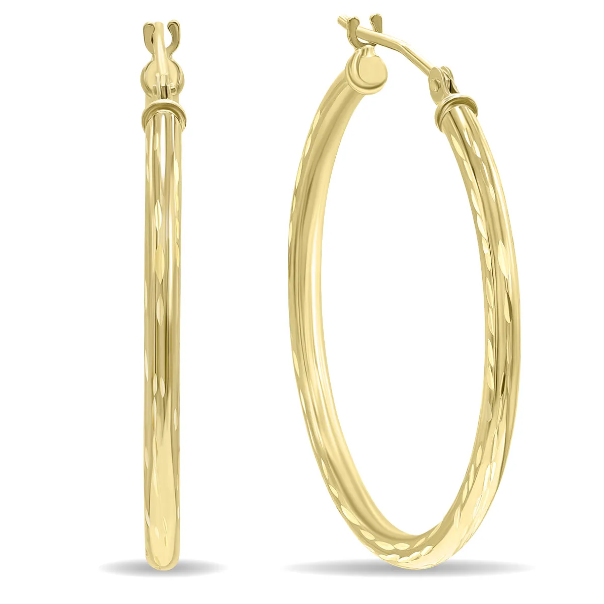 14K Yellow Gold Shiny Diamond Cut Engraved Hoop Earrings (30mm)