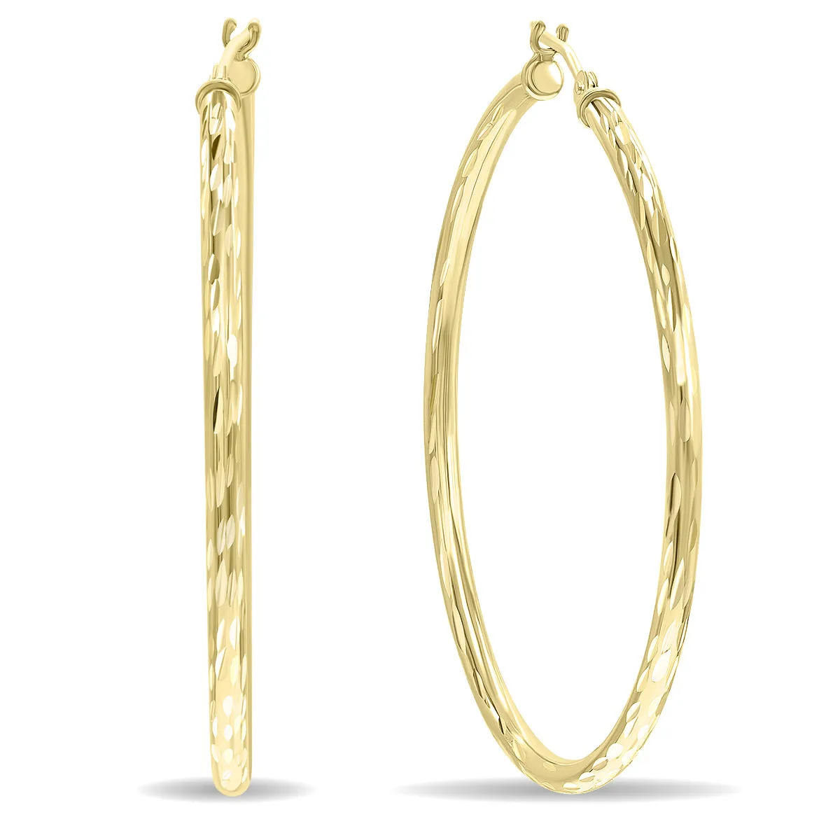 14K Yellow Gold Shiny Diamond Cut Engraved Hoop Earrings 40Mm