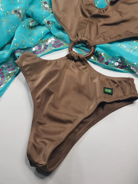 2000s Bronze Brazillian Wooden one piece Swimsuit