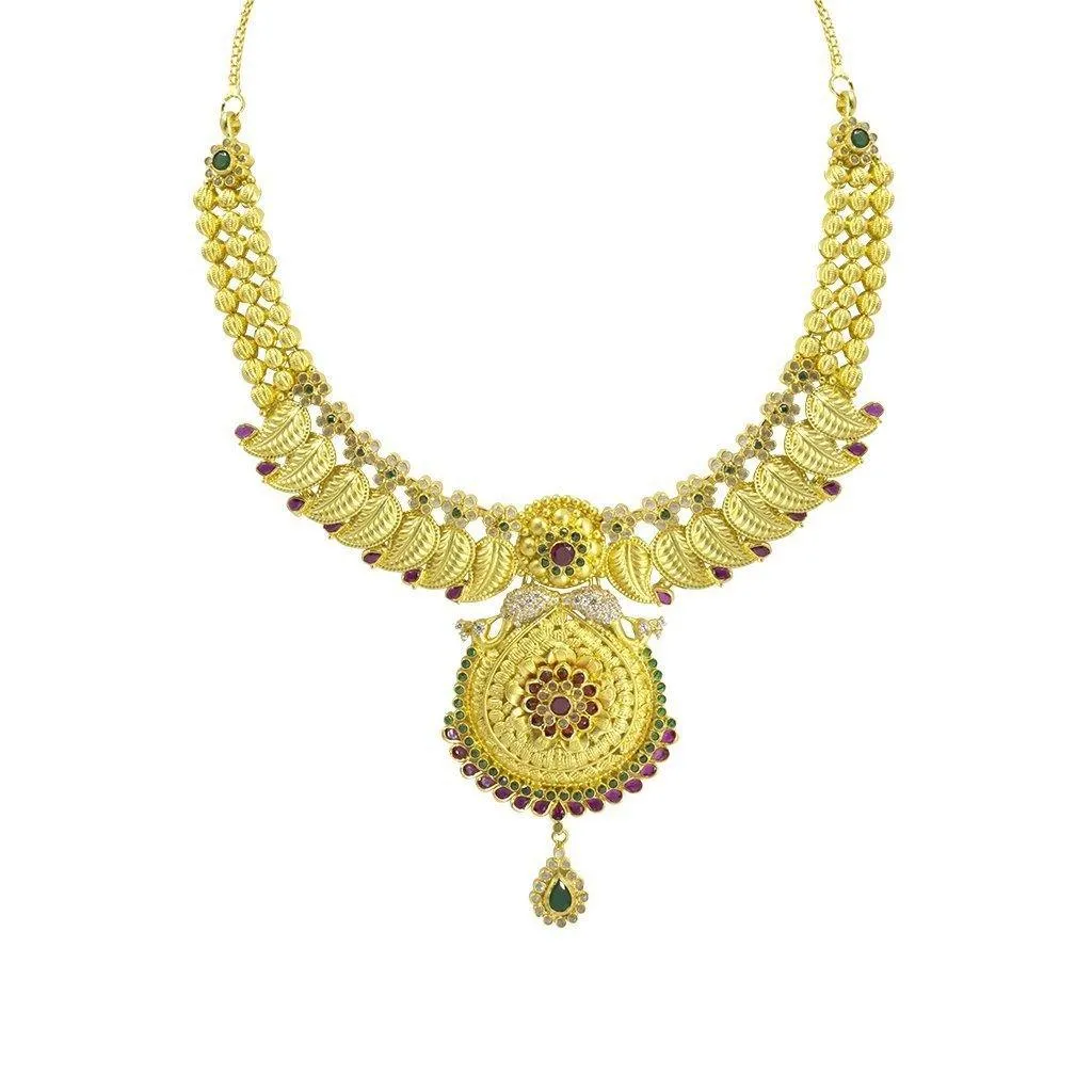 22K Yellow Gold Necklace & Earrings Set W/ CZ, Ruby, Emerald & Mango Leaves on Collar Necklace