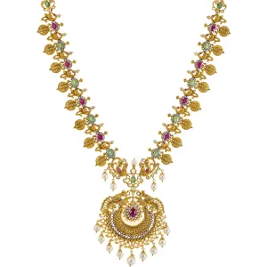 22K Yellow Gold Temple Necklace w/ Emerald, Ruby, CZ, and Pearl (96.2gm)