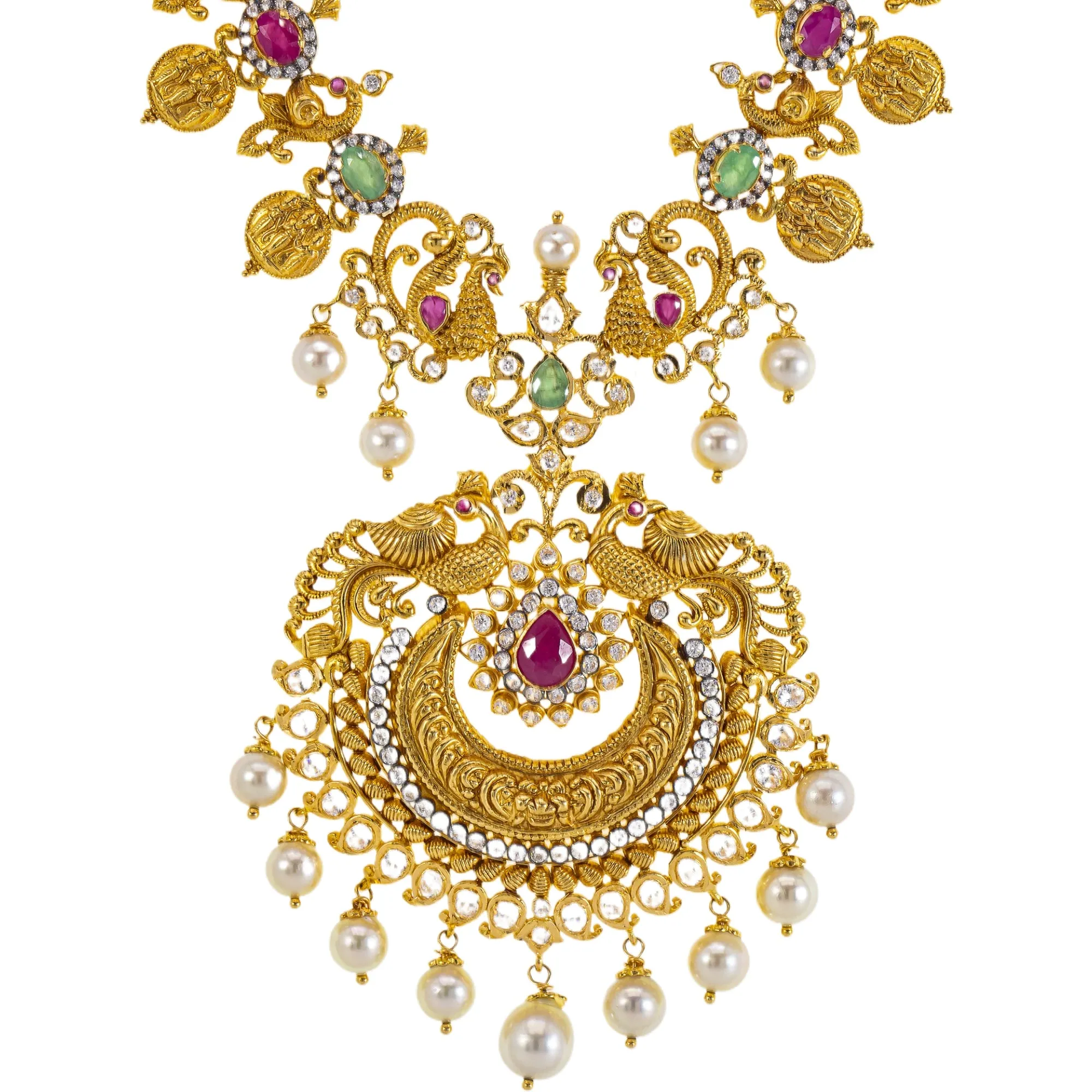 22K Yellow Gold Temple Necklace w/ Emerald, Ruby, CZ, and Pearl (96.2gm)