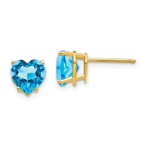 7MM Heart Shape Swiss Blue Topaz Stud Earrings in 14KT Yellow Gold