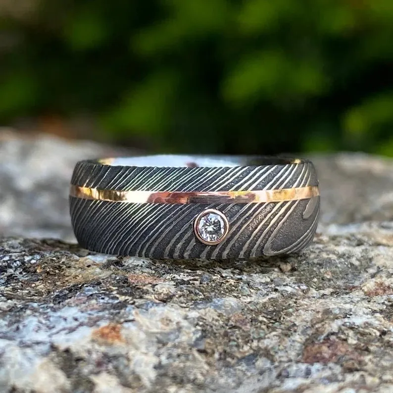 8mm Damascus Steel Wedding Ring with 14k Rose Gold Inlay and 3mm Diamond Bezel - Men's Rings