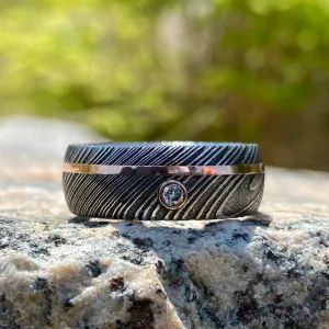 8mm Damascus Steel Wedding Ring with 14k Rose Gold Inlay and 3mm Diamond Bezel - Men's Rings