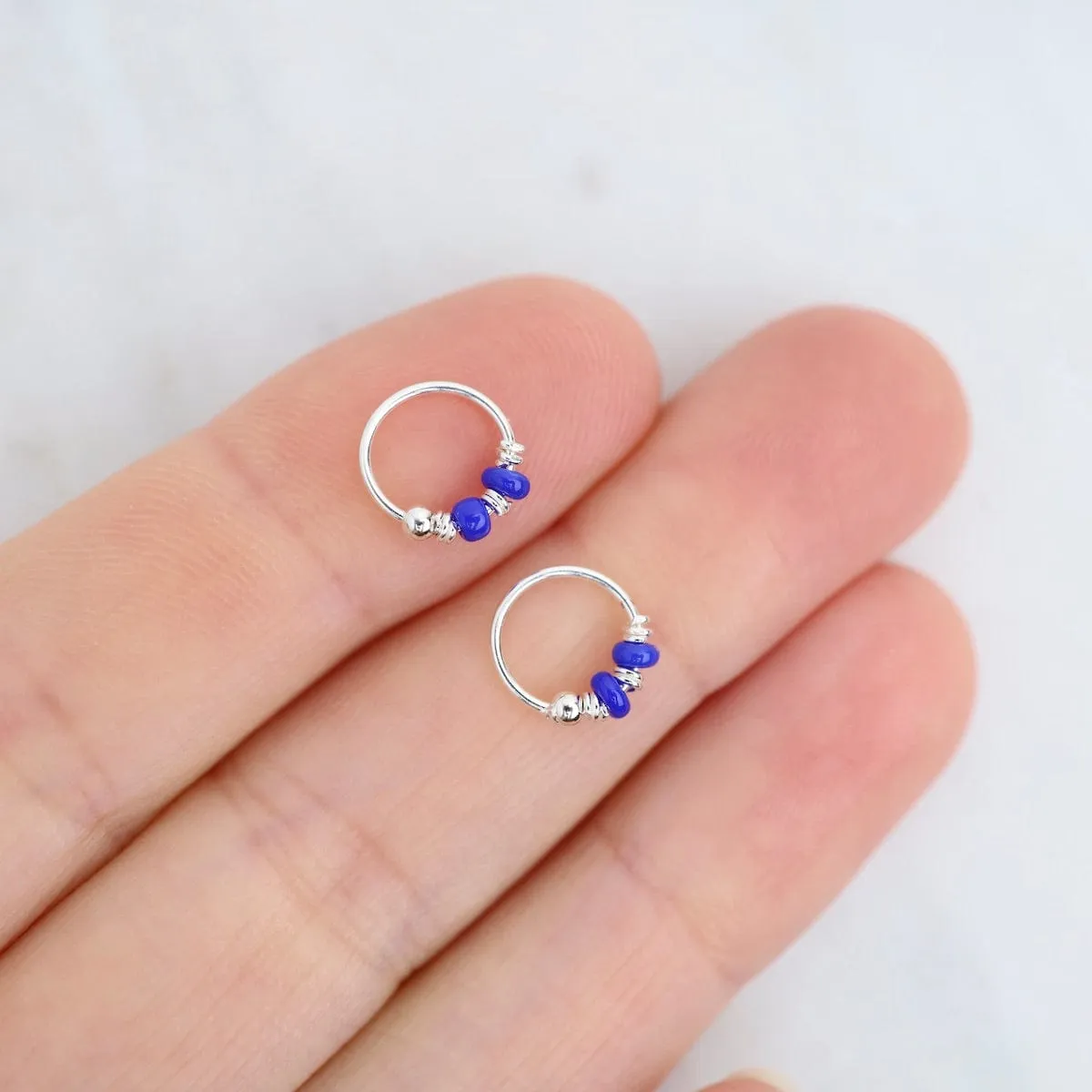 8mm Sterling Silver Sleeper Hoops with Dark Blue Beads