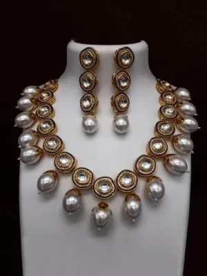 Ad Meena Kundan Pearls Necklace And Earring Set