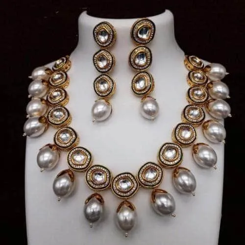 Ad Meena Kundan Pearls Necklace And Earring Set