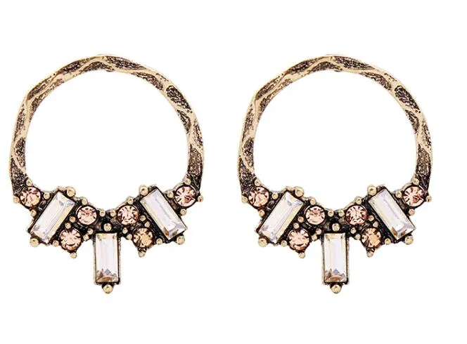 Antique Gold & Silver Vintage Hoop Stud Crystal Earrings