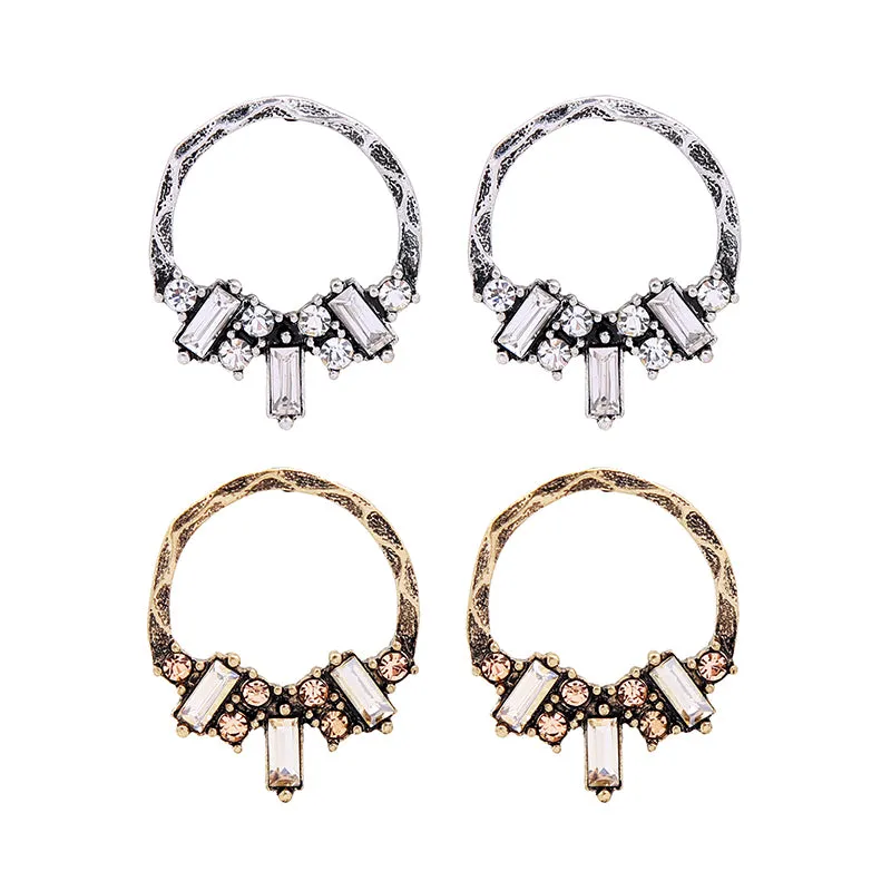 Antique Gold & Silver Vintage Hoop Stud Crystal Earrings