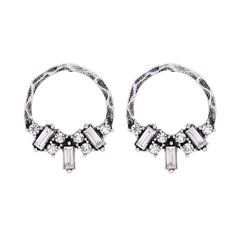 Antique Gold & Silver Vintage Hoop Stud Crystal Earrings