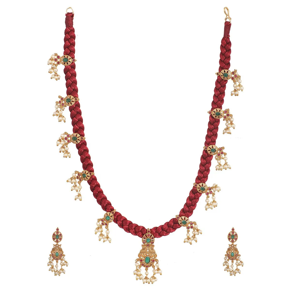 Antique Gold Plated Lalita CZ Pendant Dori Necklace Earrings Set