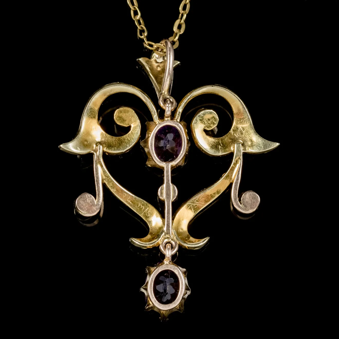 Antique Victorian Amethyst Pearl Pendant Necklace 9Ct Gold Circa 1880