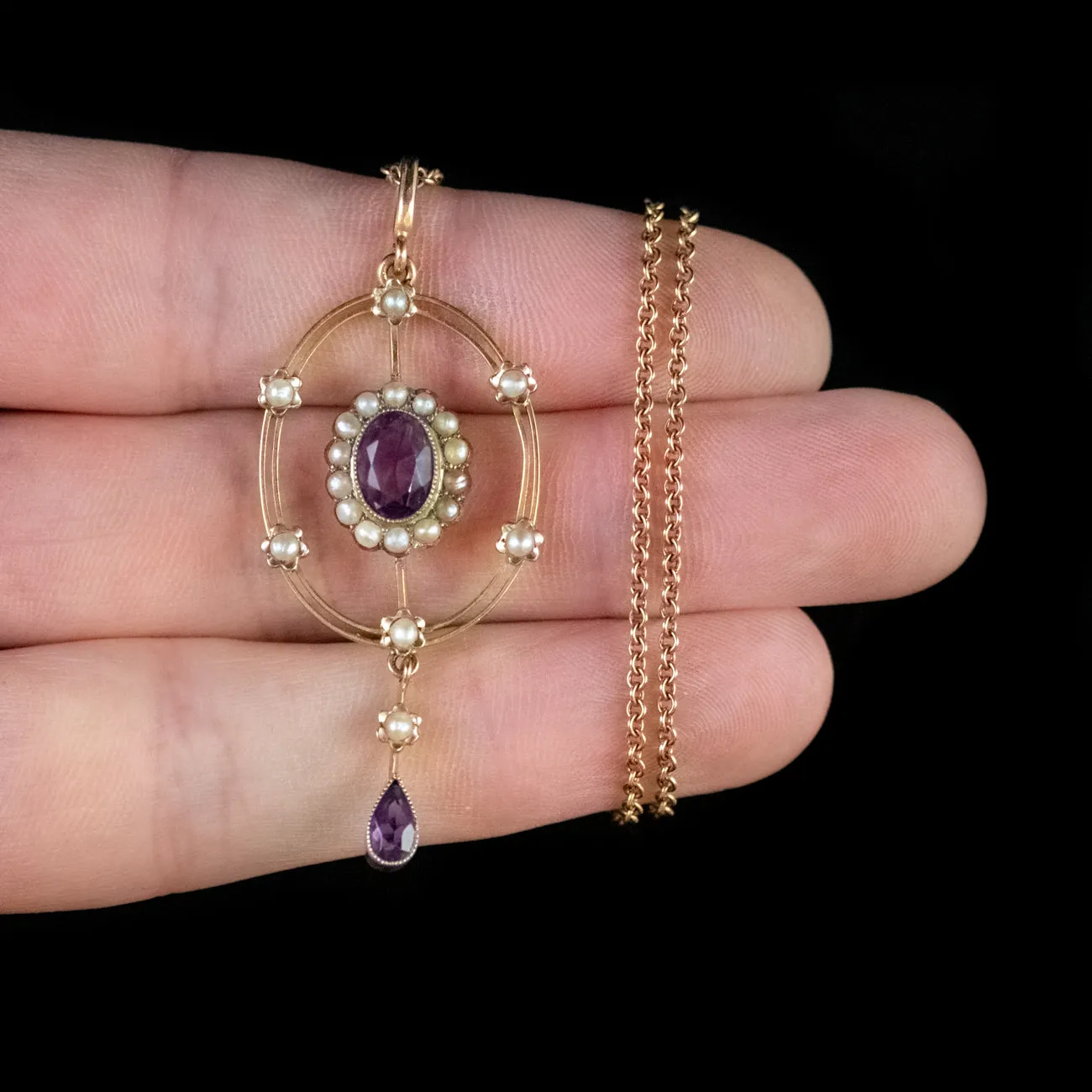 Antique Victorian Pendant Necklace Amethyst Pearl 9Ct Gold Circa 1880