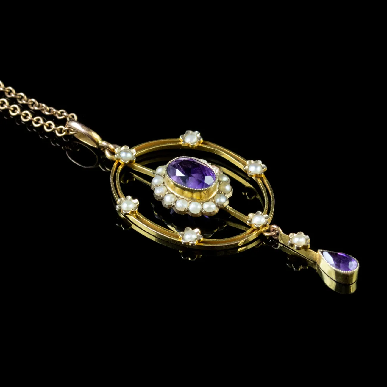 Antique Victorian Pendant Necklace Amethyst Pearl 9Ct Gold Circa 1880