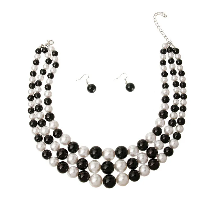 Black and Gold Pearl 3 Strand Necklace Set