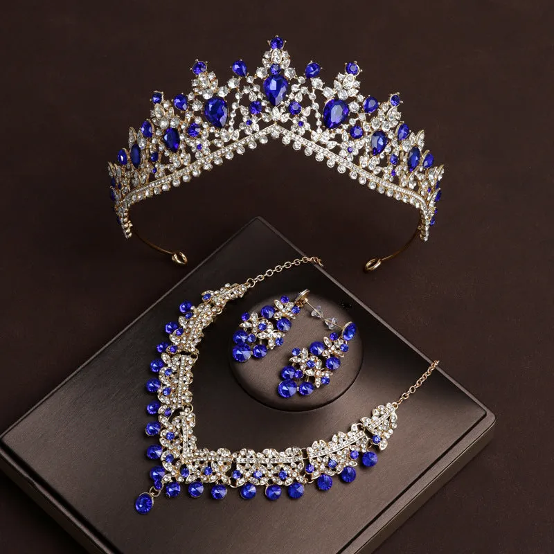 Blue diamond bridal tiara Baroque crown wedding three-piece wedding dress princess crown hair accessories