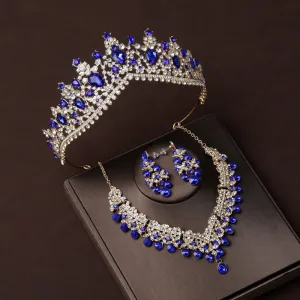 Blue diamond bridal tiara Baroque crown wedding three-piece wedding dress princess crown hair accessories