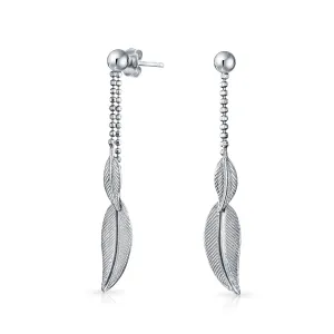 Boho Native American Style Dangle Earrings with Feather Leaf Design in Sterling Silver