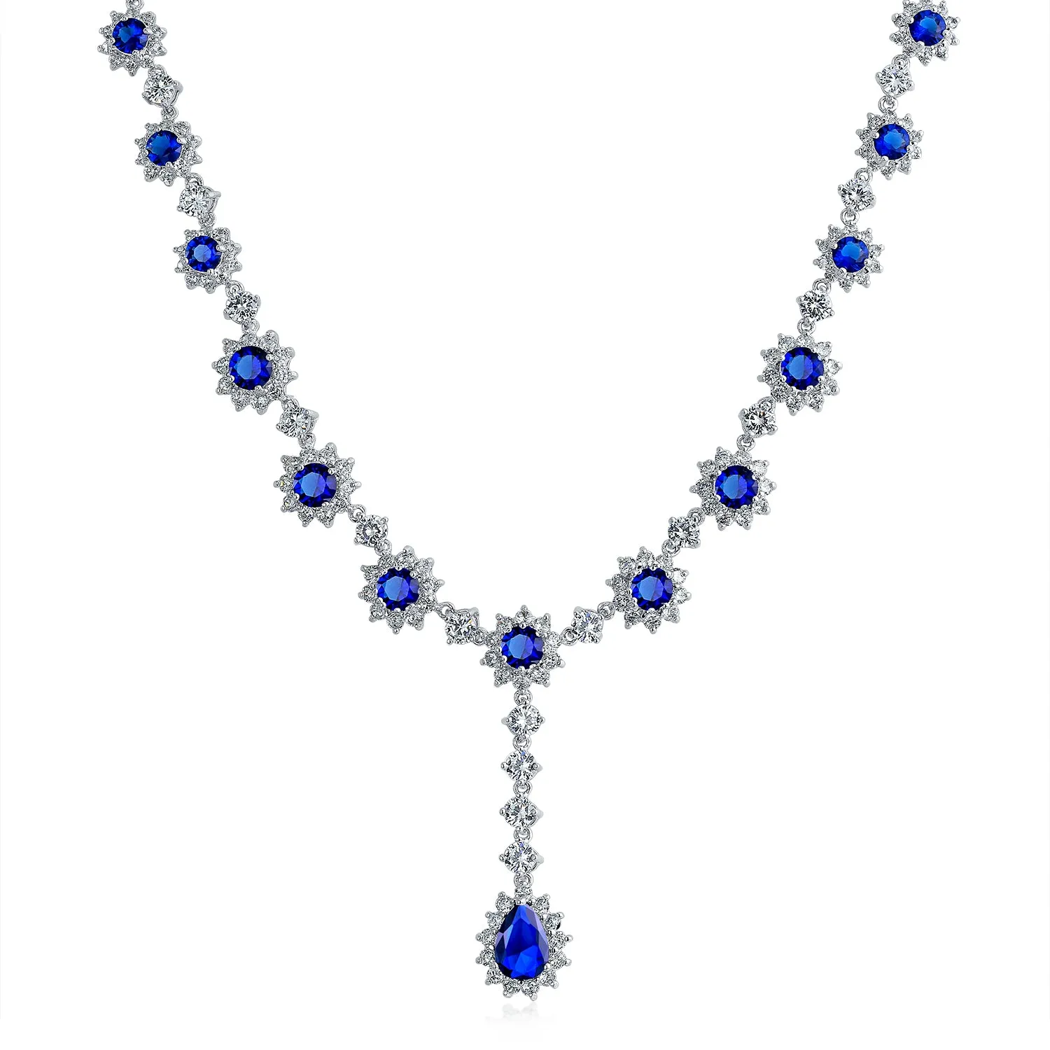 Bridal Halo Blue Sapphire CZ Statement Necklace Chandelier Earrings Jewelry Set