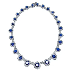 Bridal Halo Blue Sapphire CZ Statement Necklace Chandelier Earrings Jewelry Set