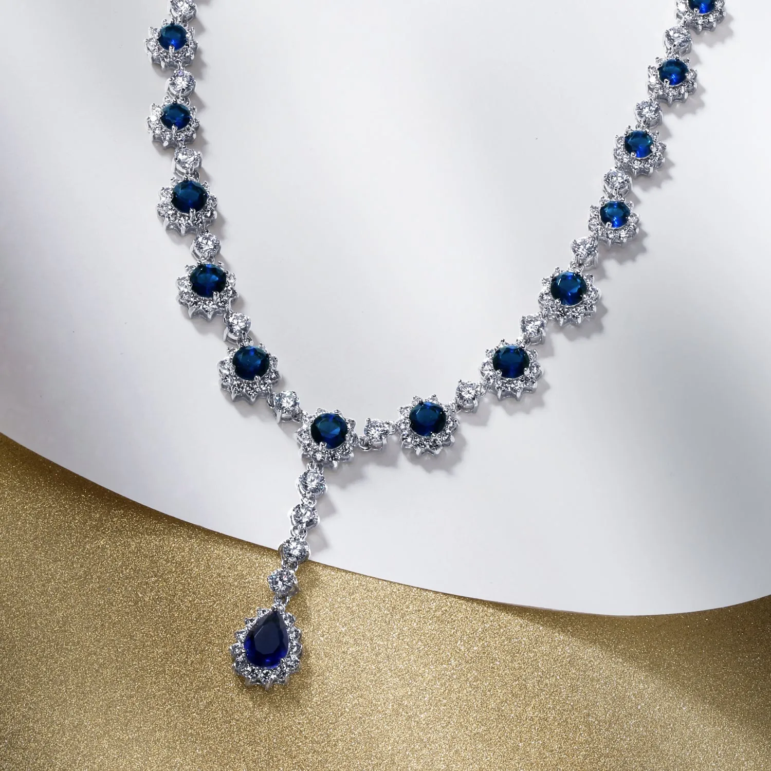 Bridal Halo Blue Sapphire CZ Statement Necklace Chandelier Earrings Jewelry Set