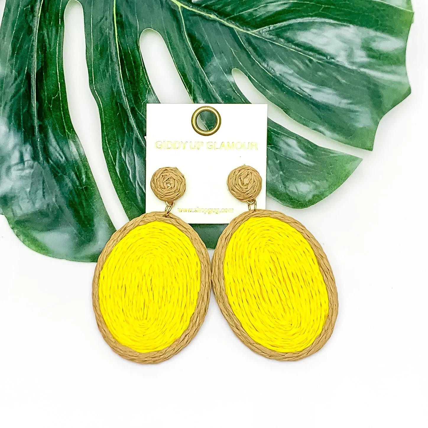 Brunch Bash Raffia Wrapped Oval Earrings in Yellow