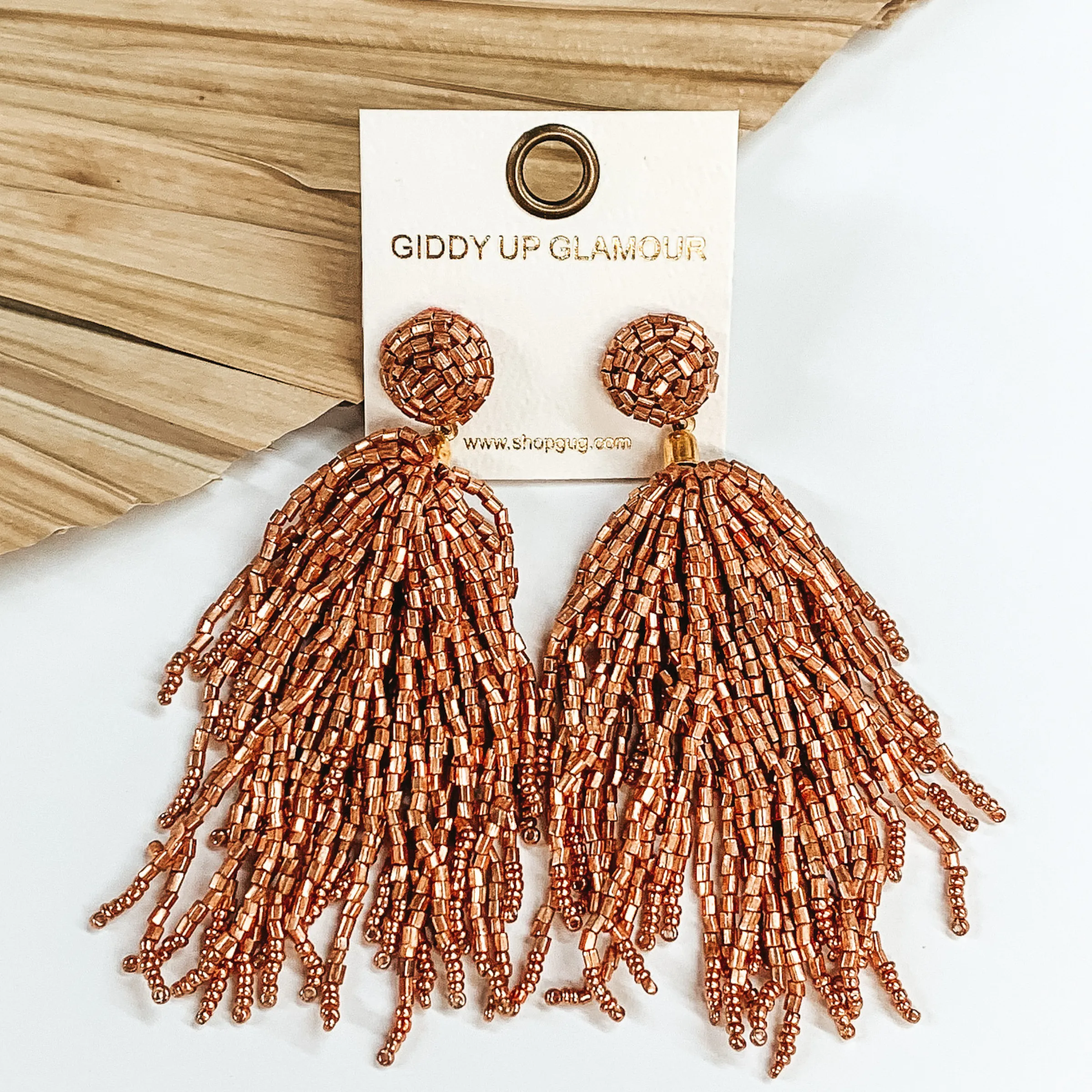 Crash My Party Seed Bead Tassel Earrings in Rose Gold