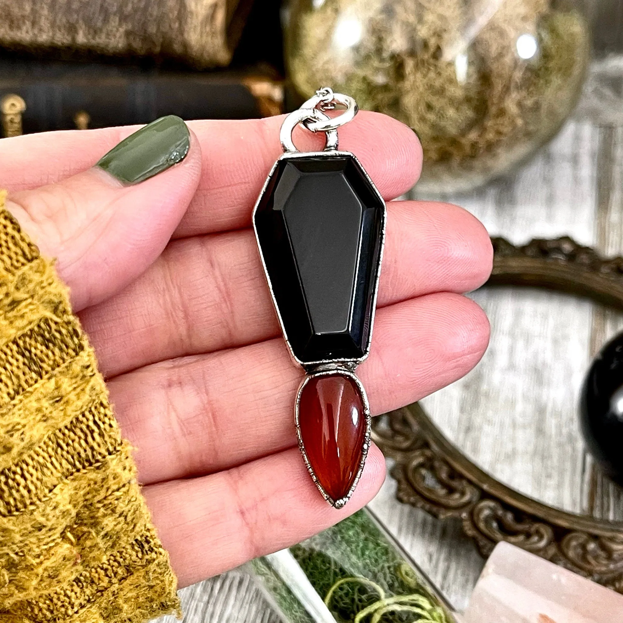 Crystal Coffin Black Onyx and Red Carnelian Necklace  / Gothic Jewelry