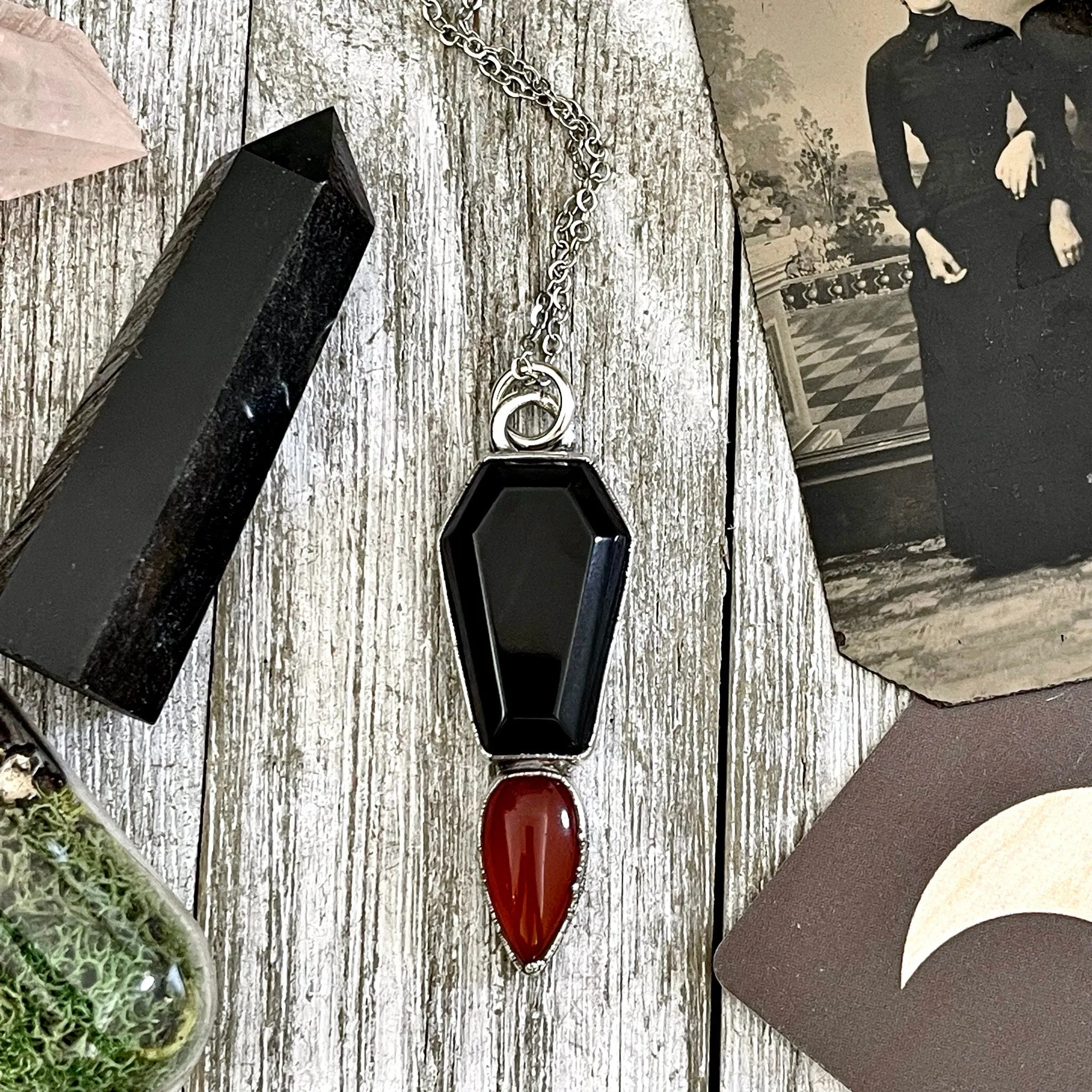 Crystal Coffin Black Onyx and Red Carnelian Necklace  / Gothic Jewelry