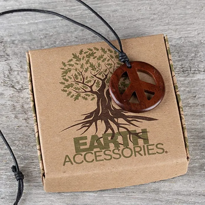 Earth Accessories Adjustable Peace Sign Pendant Necklace with Organic Wood - Hippie Accessories and Hippie Costume for 60s or 70s