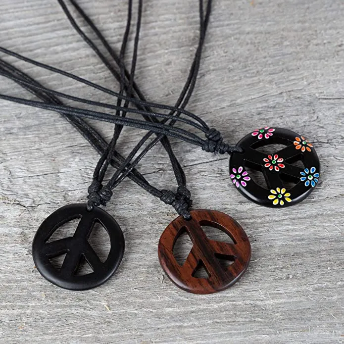 Earth Accessories Adjustable Peace Sign Pendant Necklace with Organic Wood - Hippie Accessories and Hippie Costume for 60s or 70s