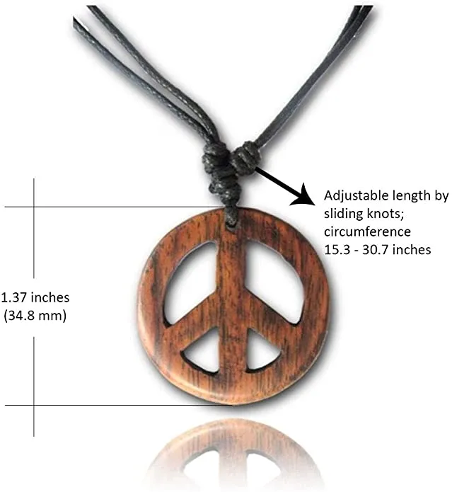 Earth Accessories Adjustable Peace Sign Pendant Necklace with Organic Wood - Hippie Accessories and Hippie Costume for 60s or 70s