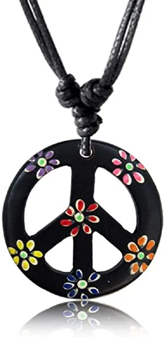 Earth Accessories Adjustable Peace Sign Pendant Necklace with Organic Wood - Hippie Accessories and Hippie Costume for 60s or 70s