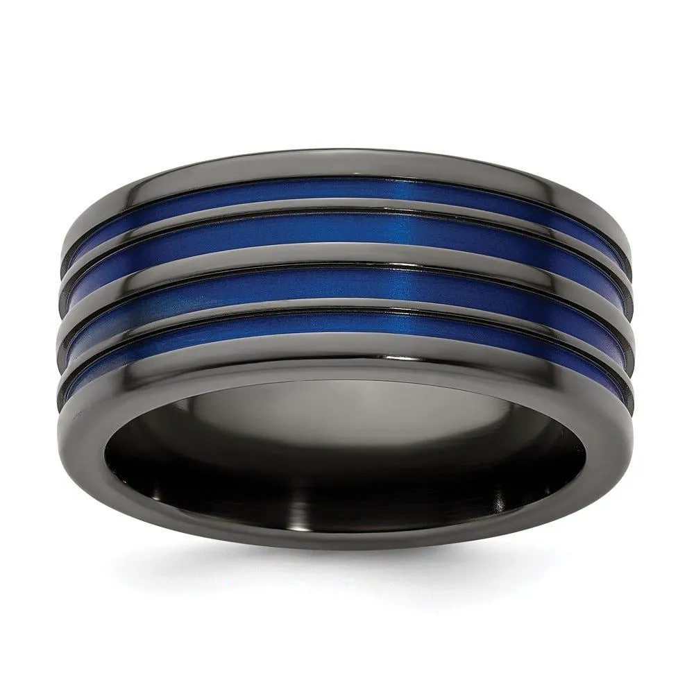 Edward Mirell Black Ti with Blue Anodized Grooves Flat 10mm Band