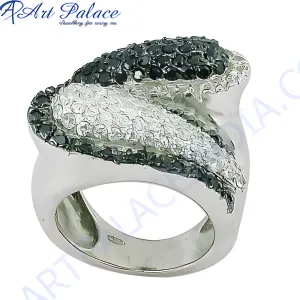 Fabulous Black & White Cubic Zirconia Silver Ring | Superior Marcasite Rings | Glamorous Jewelry