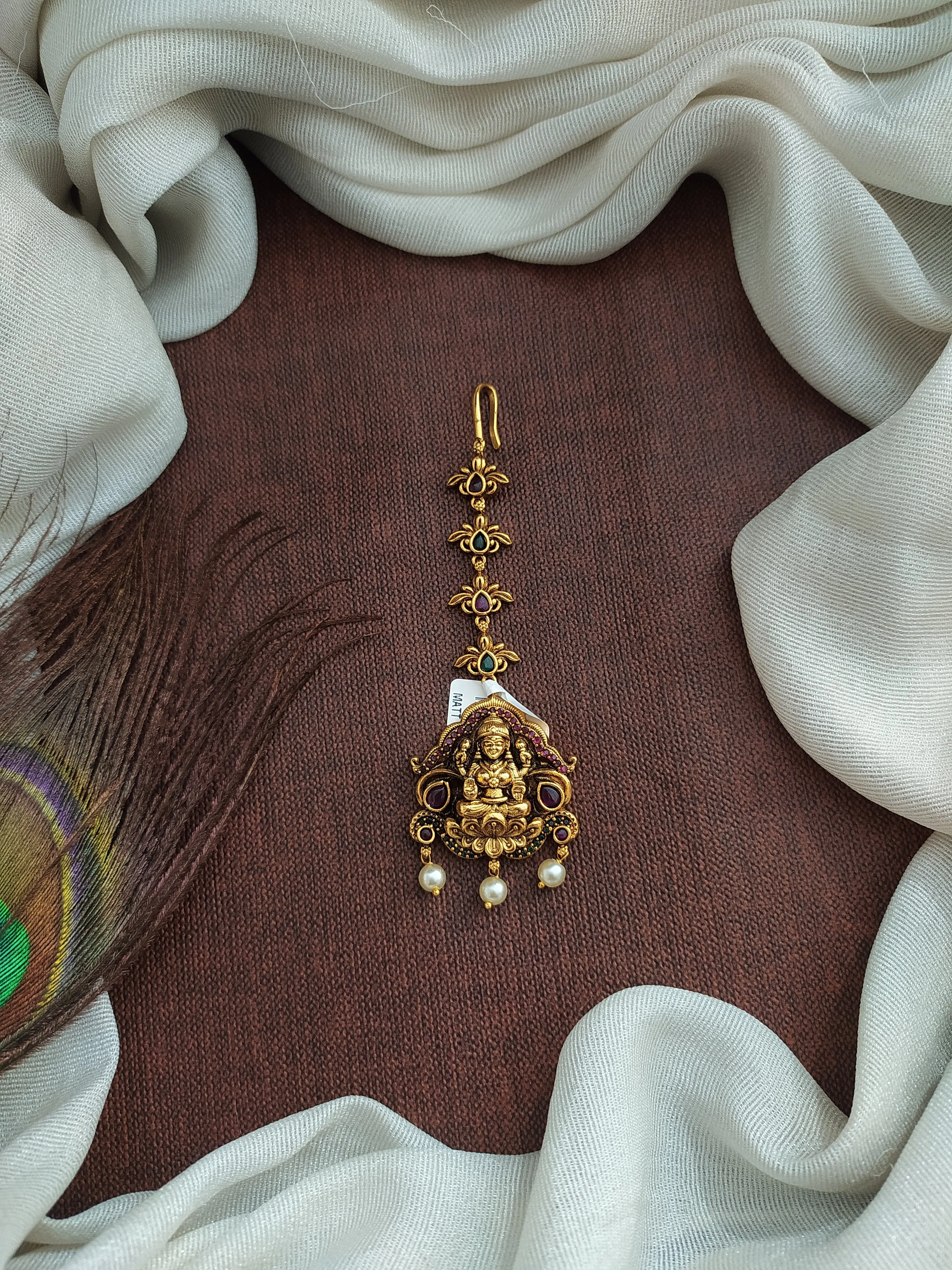 Festive Hair Accessories: Antique Lakshmi Tikka with Pearl Drops