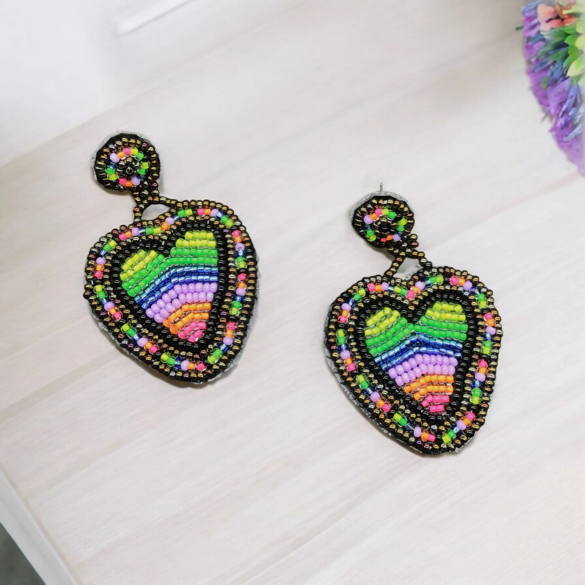 Green and Purple Heart Beaded Earrings