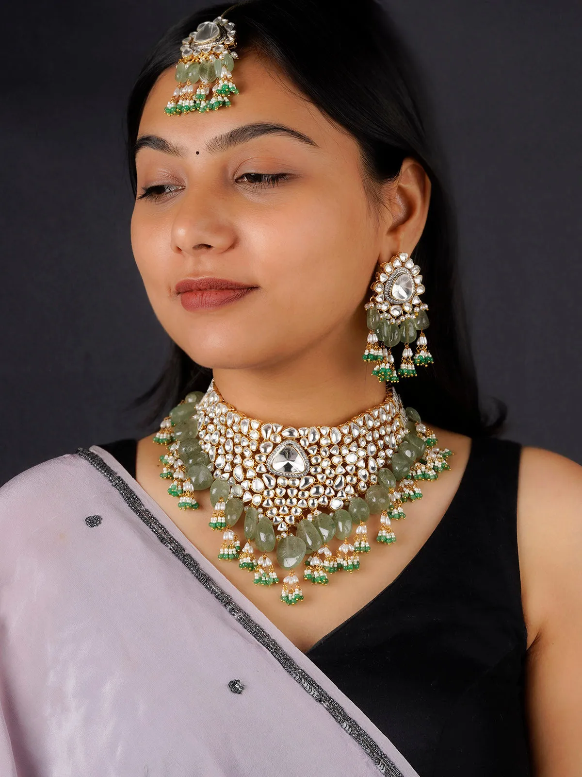 Green Color Gold Plated Faux Polki Bridal Necklace Set - PK-S64