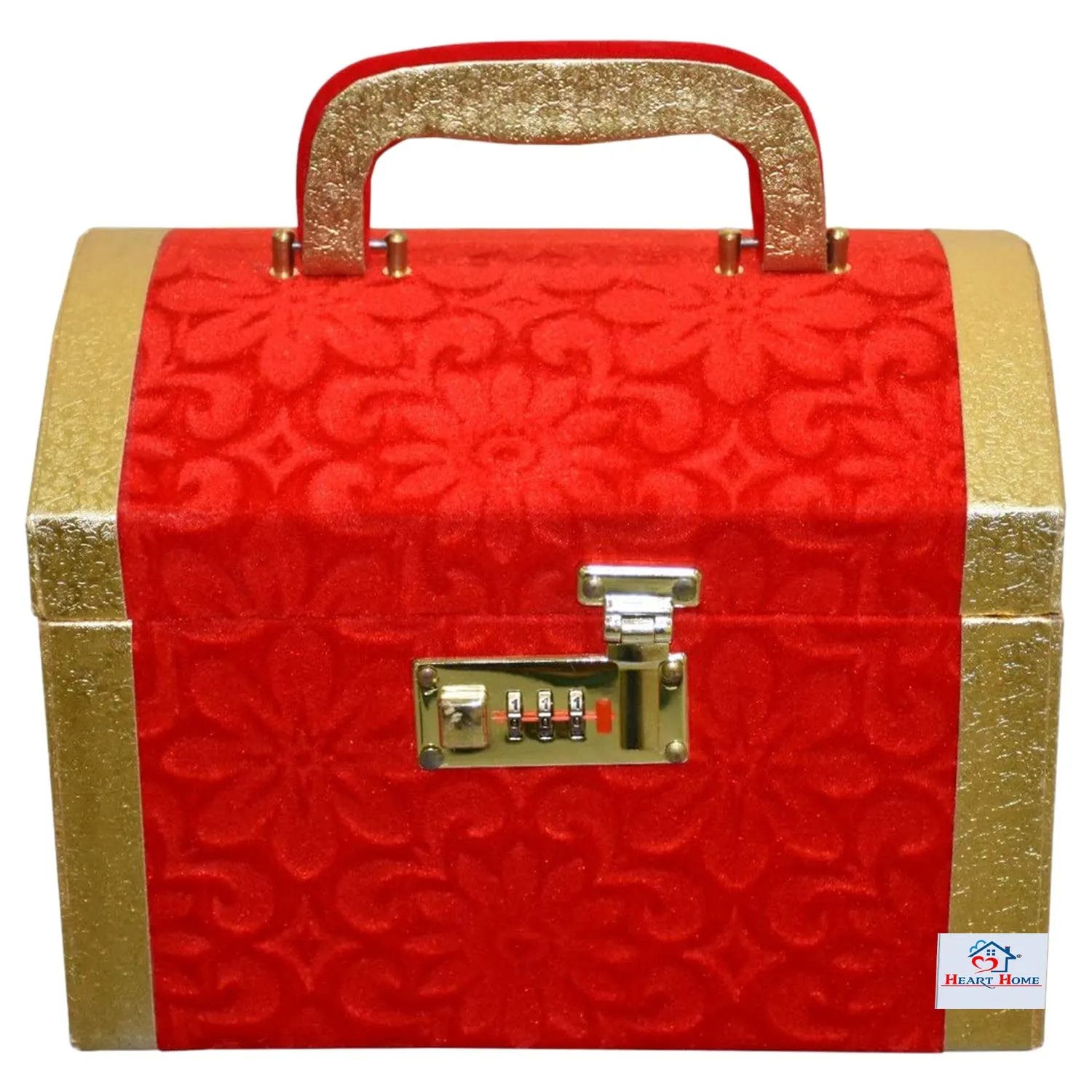 Heart Home Velvet Coated Wooden Jewellery Organizer/Makeup Box/Cosmetic Box/Vanity Case With 1 Bangle Rod, Mirror & Number Lock System (Red)-47HH0530