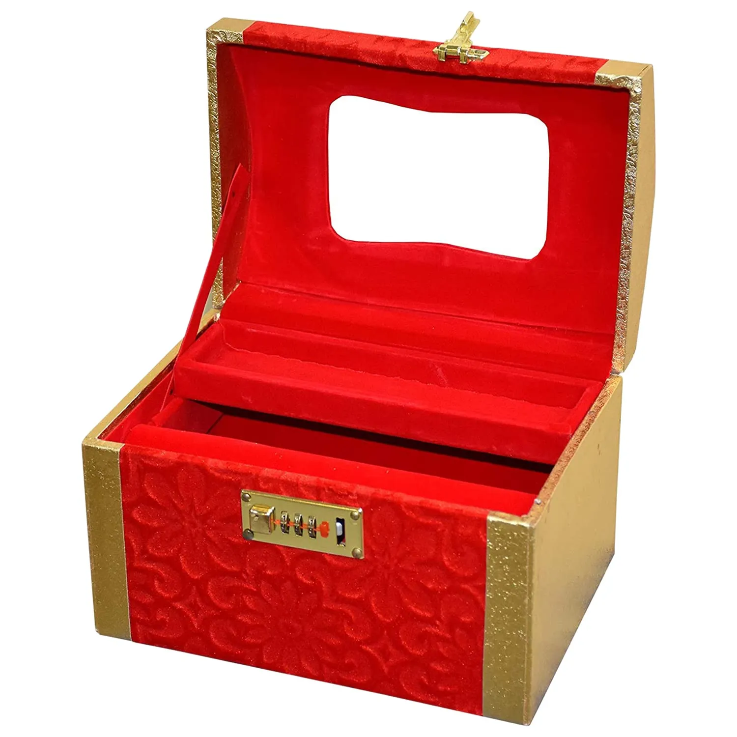 Heart Home Velvet Coated Wooden Jewellery Organizer/Makeup Box/Cosmetic Box/Vanity Case With 1 Bangle Rod, Mirror & Number Lock System (Red)-47HH0530