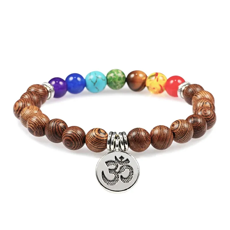 Hot Men Bracelet Wooden Beads Cross 7 Chakra  Healing Balance Onyx Bracelets&Bangles Owl Prayer Reiki Buddha Women Jewelry Homme