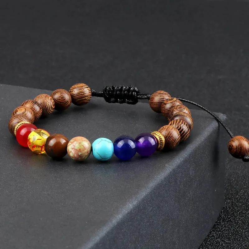 Hot Men Bracelet Wooden Beads Cross 7 Chakra  Healing Balance Onyx Bracelets&Bangles Owl Prayer Reiki Buddha Women Jewelry Homme