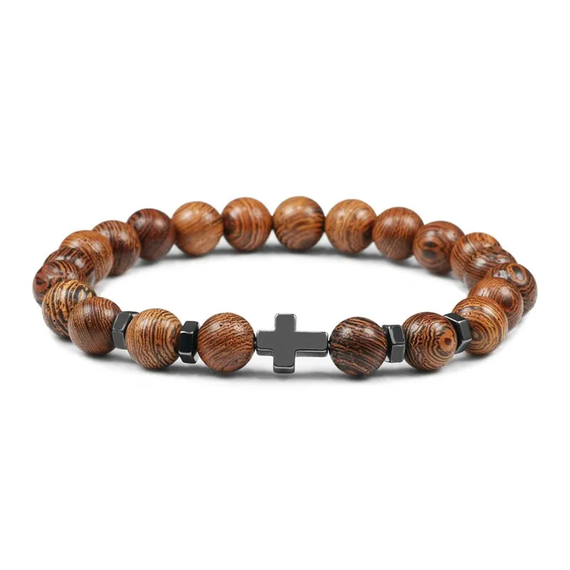 Hot Men Bracelet Wooden Beads Cross 7 Chakra  Healing Balance Onyx Bracelets&Bangles Owl Prayer Reiki Buddha Women Jewelry Homme