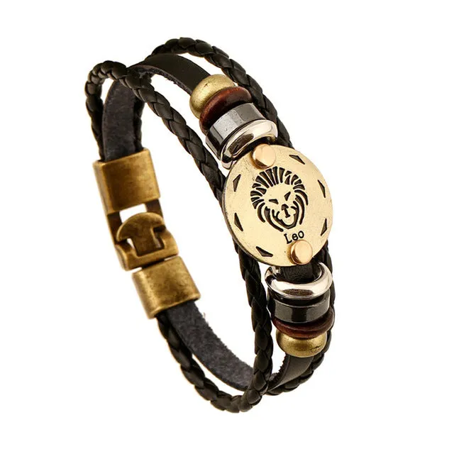 Jiayiqi Fashion Charm Jewelry Bronze Alloy 12 Zodiac Leather Bracelet Punk Wooden Beads For Women & Men Multilayer Easy Buckles